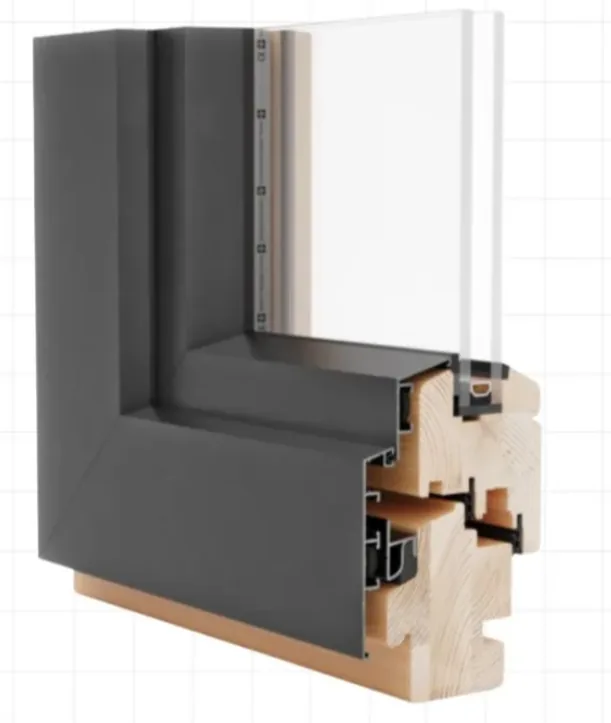 Cross-section of an aluminum-clad wood window frame showing the dark exterior aluminum cladding wrapped around the outer face and sill nose, glazing set into the aluminum leg, and the raw pine wood core exposed on the interior side