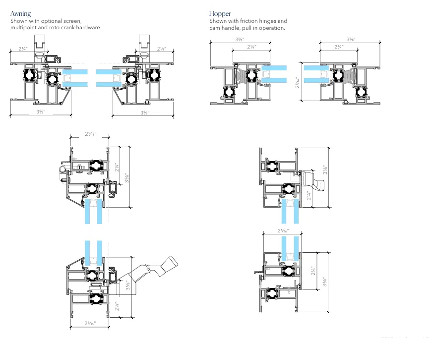 Arcadia T225 window detail drawings showing awning and hopper aluminum frame cross-sections with multipoint roto crank hardware and friction hinges