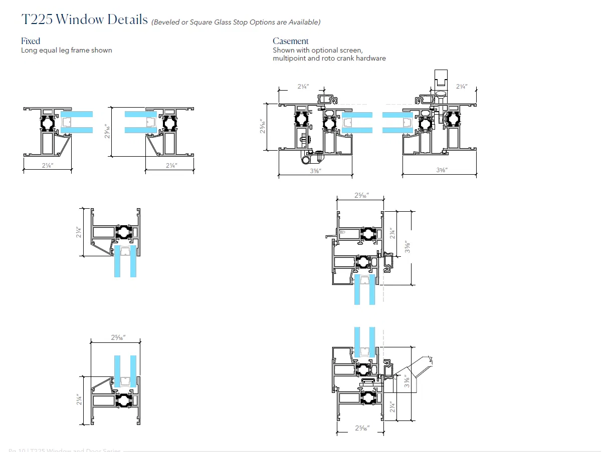 Arcadia T225 window detail drawings showing fixed and casement aluminum frame cross-sections with insulated glass panes and beveled or square glass stop options