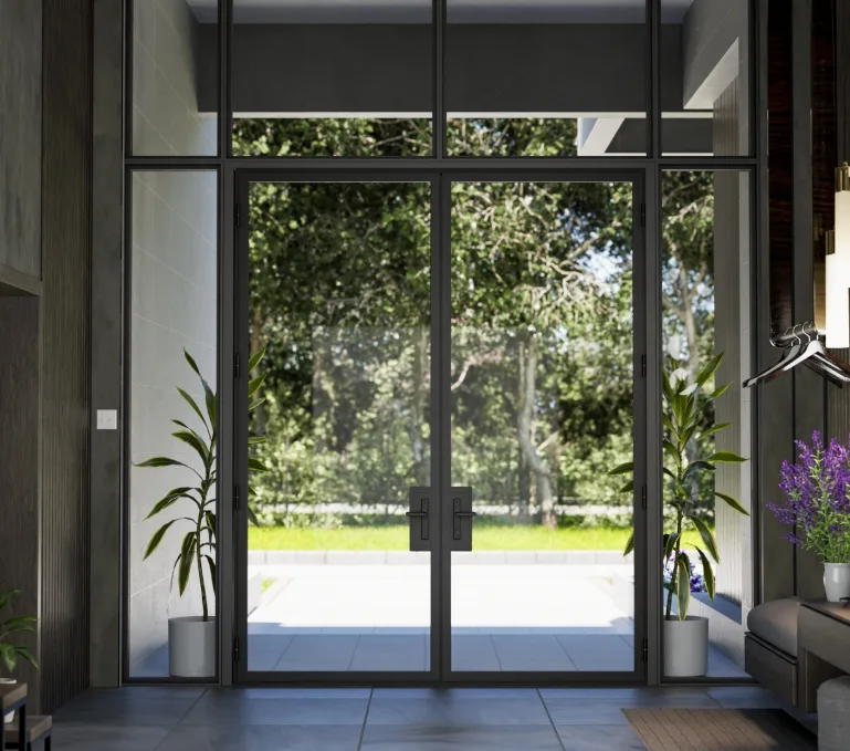 A narrow-sightline Quartz Lockbox double entry door with full-height sidelites, black frame, and integrated pull hardware, opening onto a landscaped patio