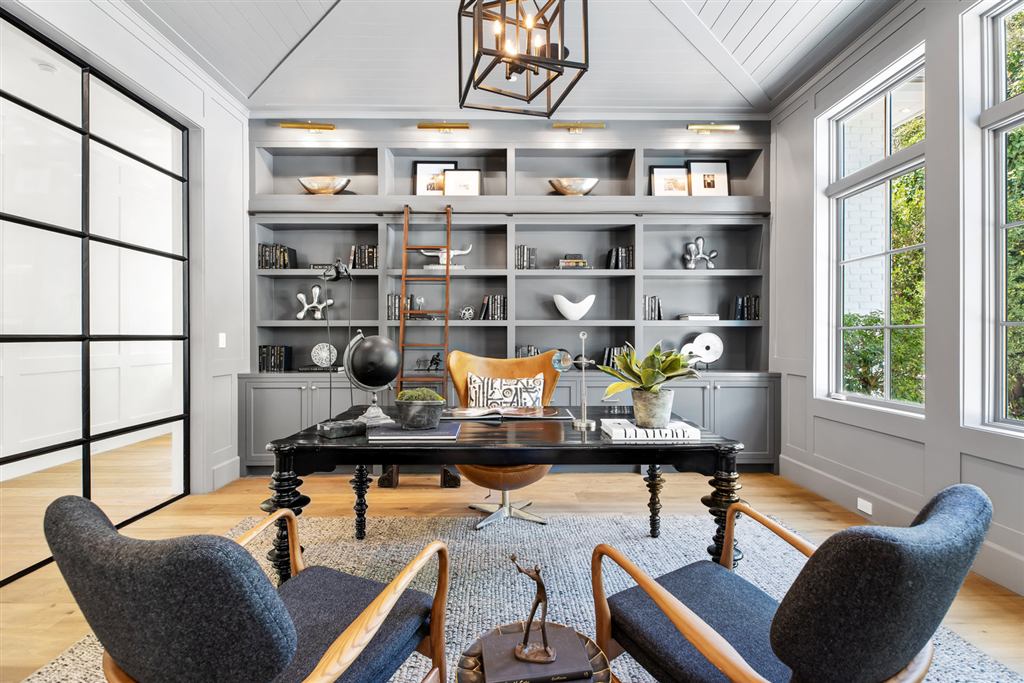 Second home office with black steel French doors and built-in shelving, Bel-Air