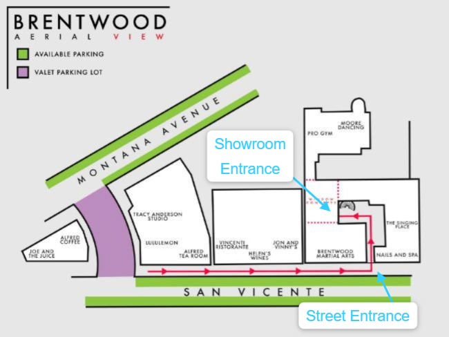 Aerial view map of the Brentwood showroom center, marking the showroom entrance on the interior walkway, the street entrance off San Vicente Boulevard, available parking, and the valet parking lot